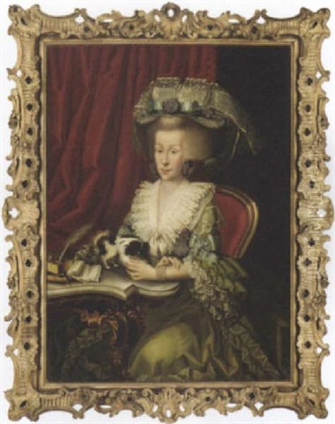 Portrait Of A Lady In A Green Dress And Lace Hat, Seated At A Desk Playing With A Small Dog Oil Painting by Erik Pauelsen