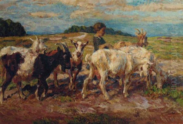 Young Boy Herding Goats In A Summer Landscape by Ernst Paul