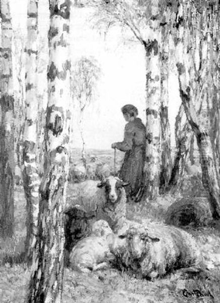 Shepherdess With Her Flock In A Wooded Landscape Oil Painting by Ernst Paul