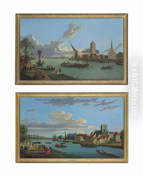 A View Of Battersea Bridge, London (+ A View Of Kew Bridge, London; Pair) Oil Painting by John Dean (Sir) Paul