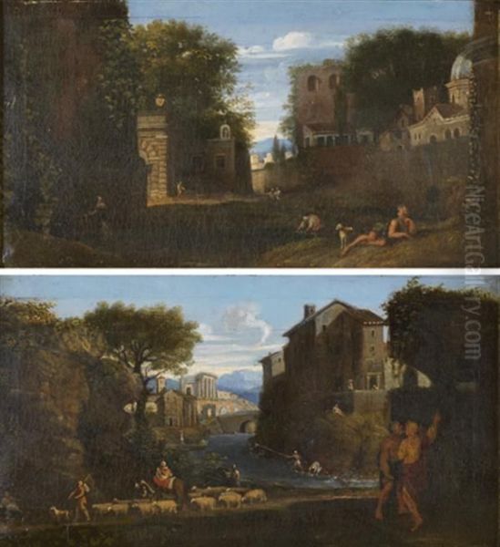 Lavandieres Et Berger Pres D'une Fontaine Devant Une Ville Oil Painting by Jan Blom