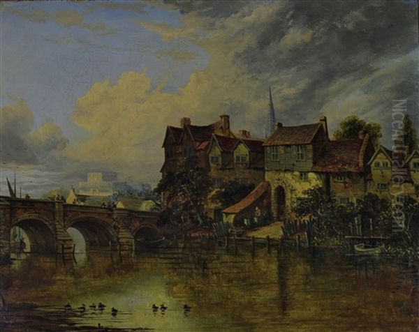 Bishop Bridge, Norwich With Houses On The Waterfront, Castle And Cathedral Spire In The Distance Oil Painting by Joseph Paul