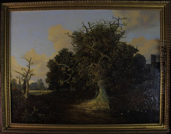 Norfolk Landscape Taken Near Norwich With A Group Of Trees, Pond In Foreground, Norwich Cathedral Beyond To The Left And Another Building And Church To The Right Oil Painting by Joseph Paul