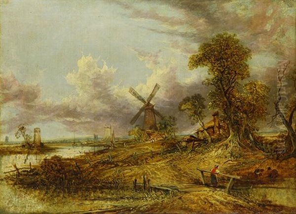 Figures By A Windmill Oil Painting by Joseph Paul