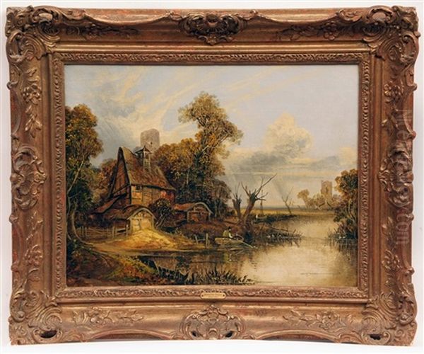 River Landscape With Figure In Boat By Thatched Cottage, Church In Distance Oil Painting by Joseph Paul