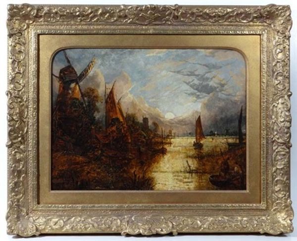 A Romantic East Anglian River Scene By Moonlight Oil Painting by Joseph Paul