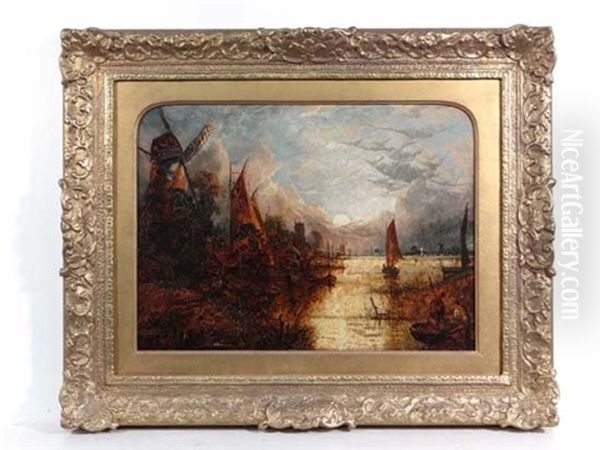 A Romantic East Anglian River Scene By Moonlight Oil Painting by Joseph Paul