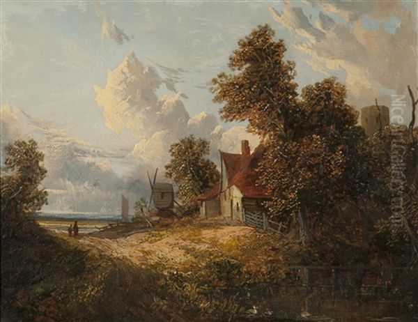 Tavern With Church (+ Cottage And Windmill; Pair) Oil Painting by Joseph Paul