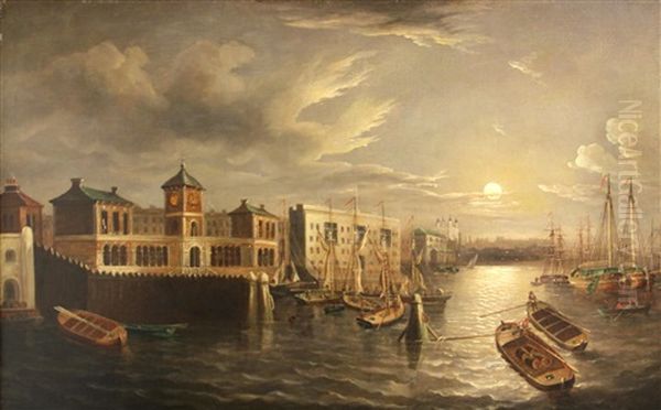 The Thames By Moonlight With The Tower Of London In The Distance Oil Painting by Joseph Paul