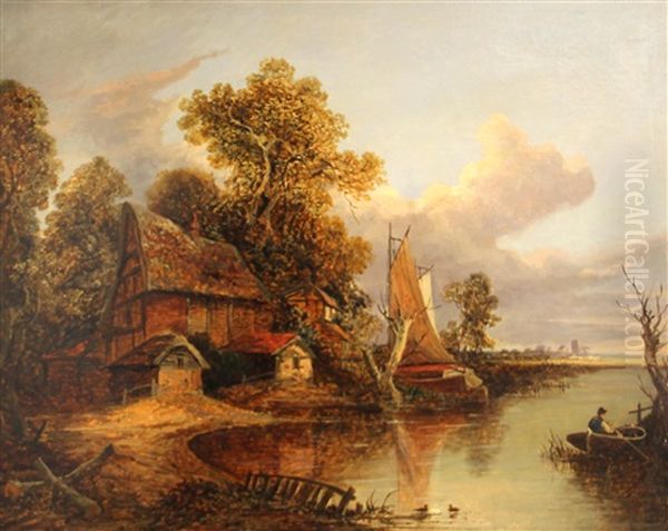 A Cottage By A River With Boats And Figures Oil Painting by Joseph Paul