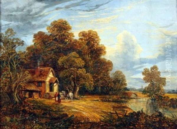 East Anglian Landscape With Figures And Horse By A Cottage by Joseph Paul