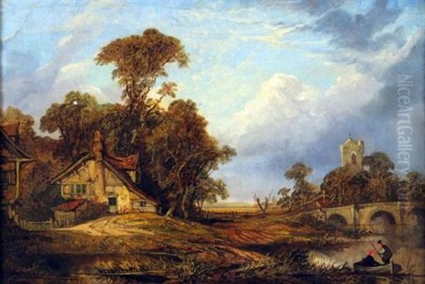 East Anglian River Landscape With Figures In A Punt By A Bridge Oil Painting by Joseph Paul