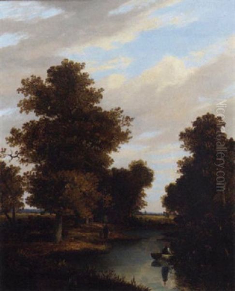 Figures In A Wooded River Landscape Oil Painting by Joseph Paul