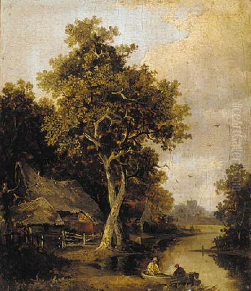 Figures In A Boat Before A Cottage, A Church Beyond Oil Painting by Joseph Paul