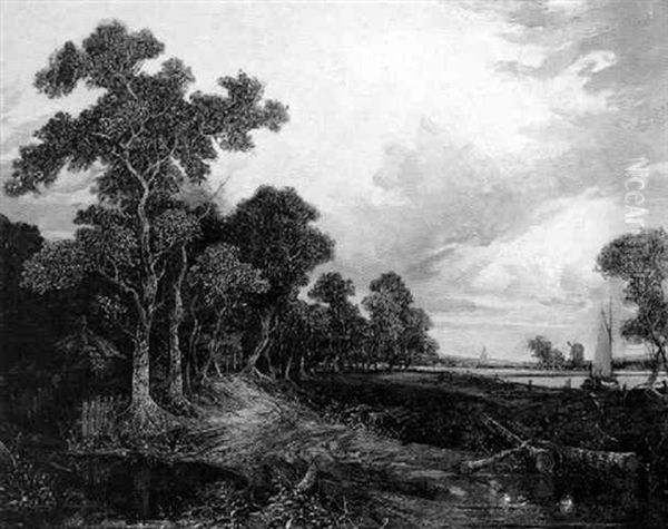 Wooded Landscape With A Barge On A River Oil Painting by Joseph Paul