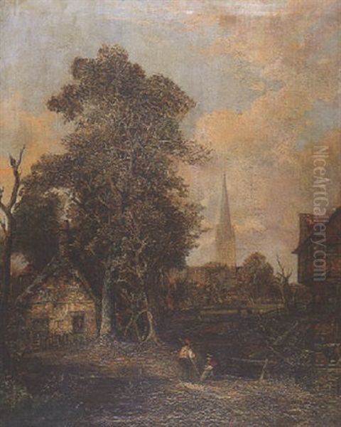 View Of Salisbury Cathedral With Figures And Cottage In Foreground Oil Painting by Joseph Paul