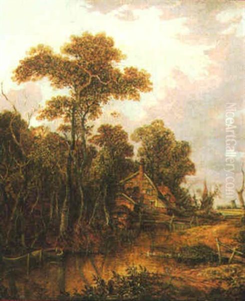 Rural Landscape With Cottage By A River Oil Painting by Joseph Paul