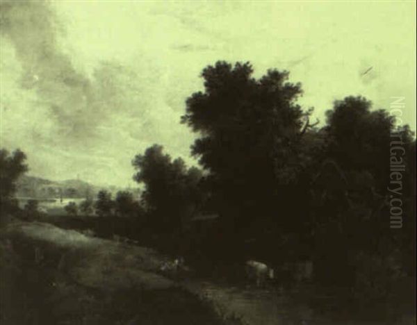 Norwich Landscape With Cottages And Cows Watering By A Stream Oil Painting by Joseph Paul