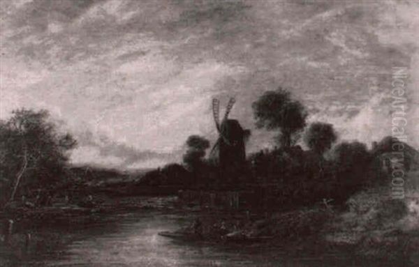 A Country River Landscape, With Figures In A Punt In The    Foreground, A Windmill Beyond Oil Painting by Joseph Paul