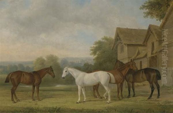 Four Hunters By A Barn, In An Extensive Landscape Oil Painting by John Paul