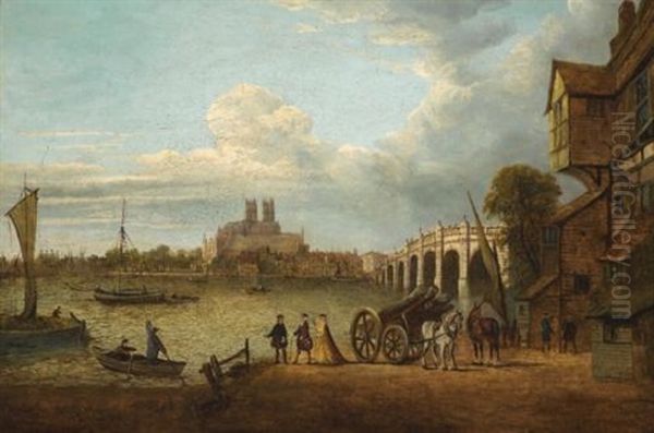 A View Of Westminster Bridge, Abbey And Hall From Stangate Bank, Lambeth Oil Painting by John Paul