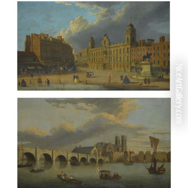 London, A View Of Northumberland House (+ London, A View Of Westiminster Bridge And Abbey From The Thames; Pair) by John Paul