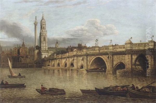 A View Of Old London Bridge Looking Towards Monument And The Church Of St. Magnus Oil Painting by John Paul