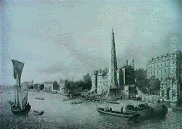 A View Of The Thames Near York Buildings Showing The Shot   Tower And Westminster Abbey Beyond Oil Painting by John Paul