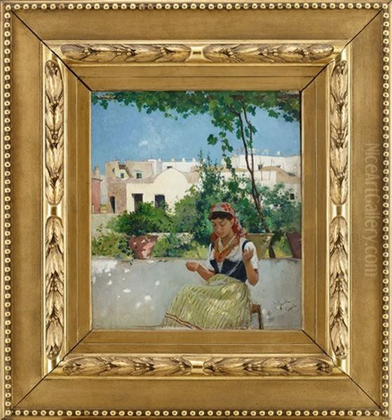 Flicka Pa Capri Oil Painting by Georg Pauli