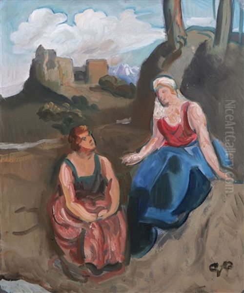 Tva Kvinnor I Sydlandskt Landskap Oil Painting by Georg Pauli