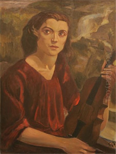 Violinspelerska, Portratt Av Hustrun Hanna Pauli Oil Painting by Georg Pauli