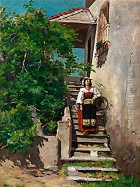 Flicka I Trappa, Genua Oil Painting by Georg Pauli