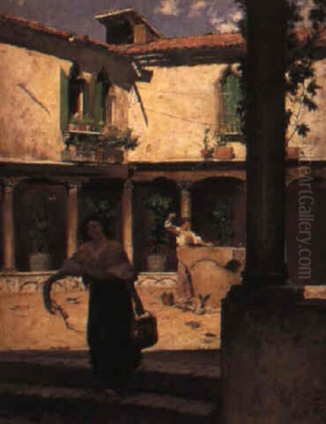 Flickor Vid Gardsbrunn, Venedig Oil Painting by Georg Pauli