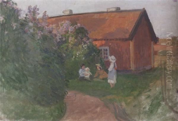 Sommarlandskap Med Barn Och Blommande Syrener Oil Painting by Hanna (Hirsch) Pauli