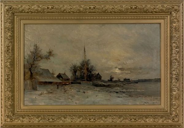 Winter Landscape With Sailboat And Figure Walking Beside The Water by Richard Pauli