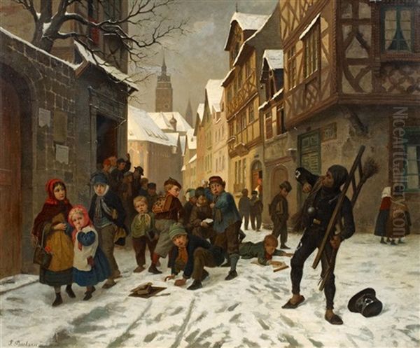 Der Von Der Schuljugend Geschneeballte Schornsteinfeger Oil Painting by Fritz Paulsen