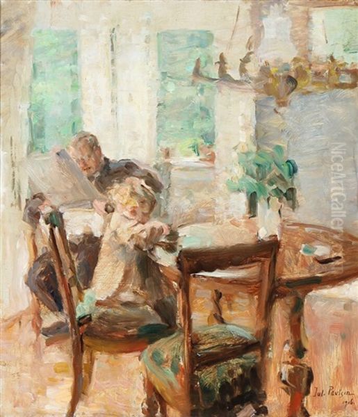 The Child Is Playing, While Father Is Reading The Newspaper Oil Painting by Julius Paulsen