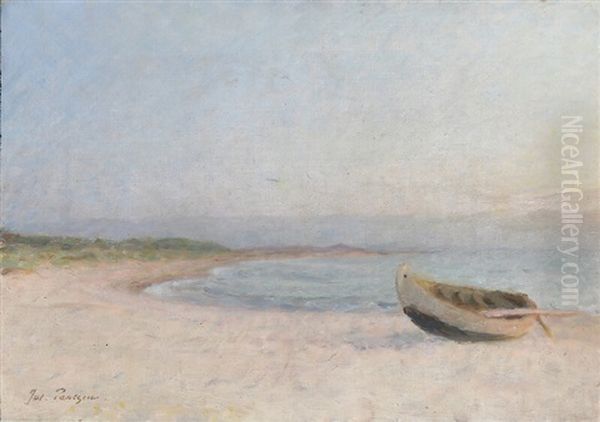 Coastal View With A Dinghy Drawn Up On The Beach Oil Painting by Julius Paulsen