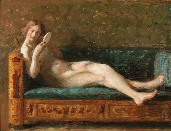 A Nude On A Green Sofa Looking At Her Reflection In A Mirror Oil Painting by Julius Paulsen