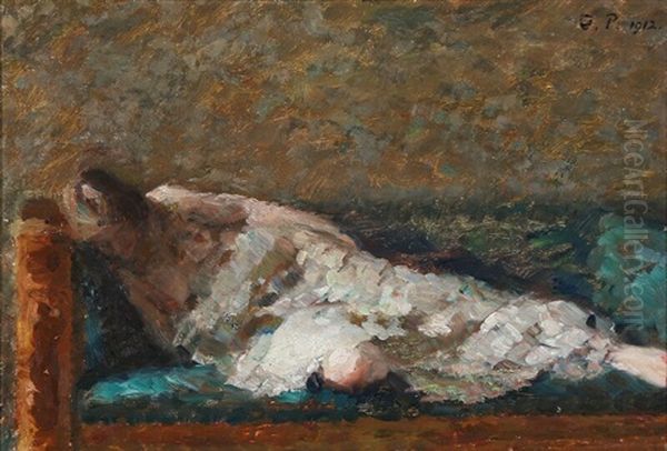 A Model Lying On A Green Sofa Oil Painting by Julius Paulsen