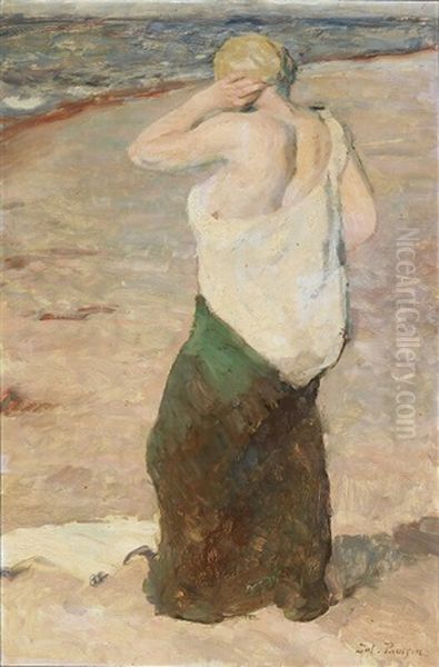 A Woman Changing On The Beach Oil Painting by Julius Paulsen