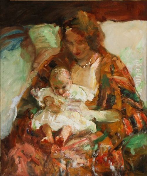 A Woman With A Small Child In Her Lap Oil Painting by Julius Paulsen