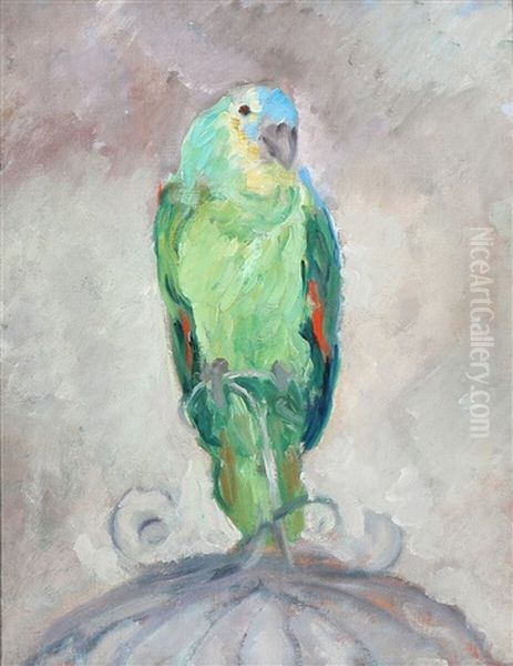 A Parrot Sitting On Top Of Its Cage Oil Painting by Julius Paulsen