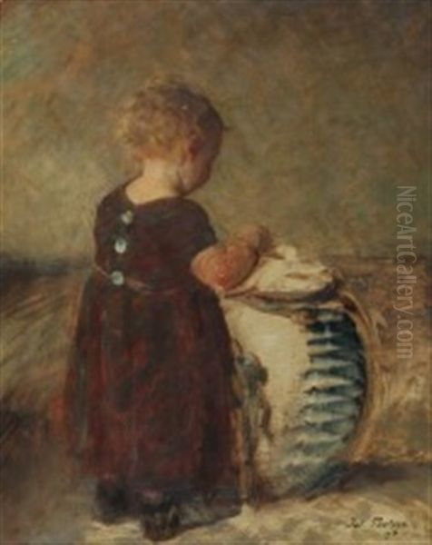 A Little Girl By A Vase Oil Painting by Julius Paulsen