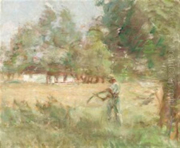 A Farmer Harvesting With A Scythe Oil Painting by Julius Paulsen