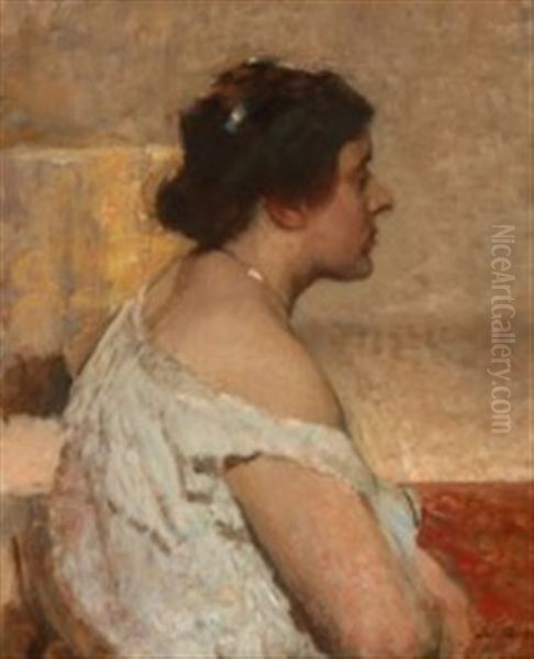 Profile Portrait Of A Woman Wearing A White Dress And A Blue Hair Buckle Oil Painting by Julius Paulsen