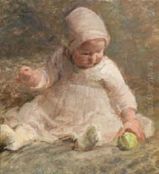 A Little Girl Is Playing With A Green Apple Oil Painting by Julius Paulsen