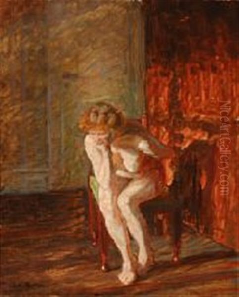 A Female Nude Sitting On A Stool Oil Painting by Julius Paulsen