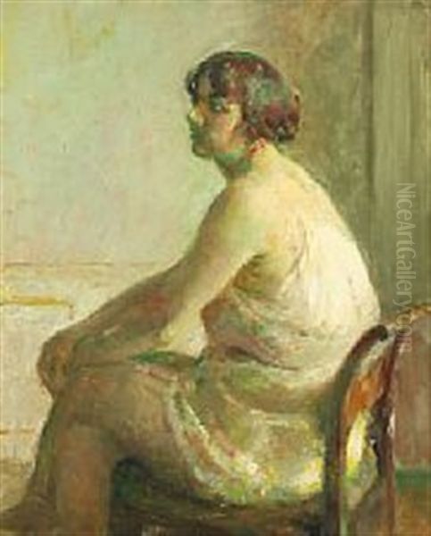 Portrait Of A Woman Sitting On A Chair Oil Painting by Julius Paulsen