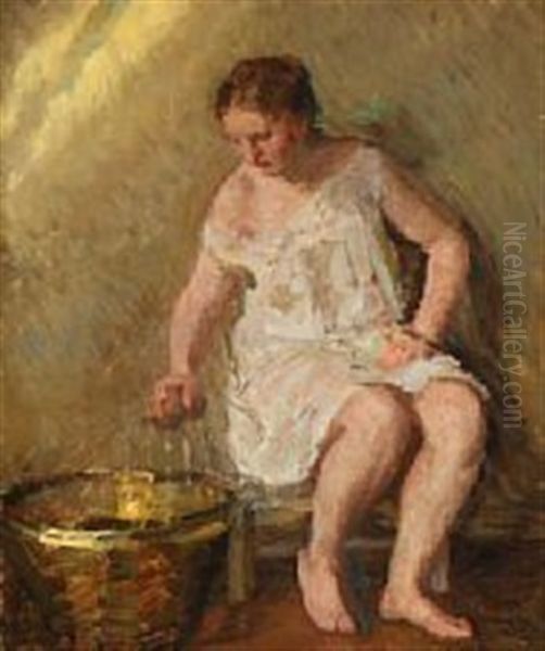 A Woman With A Wash Tub Oil Painting by Julius Paulsen